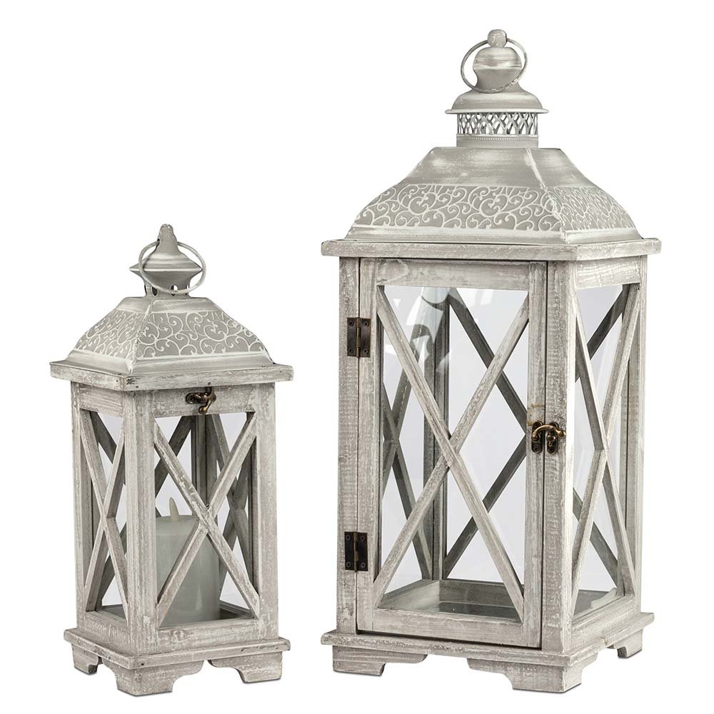 Laternen Set 2tlg. Holz grau-weiß Metall Dach 659187 formano