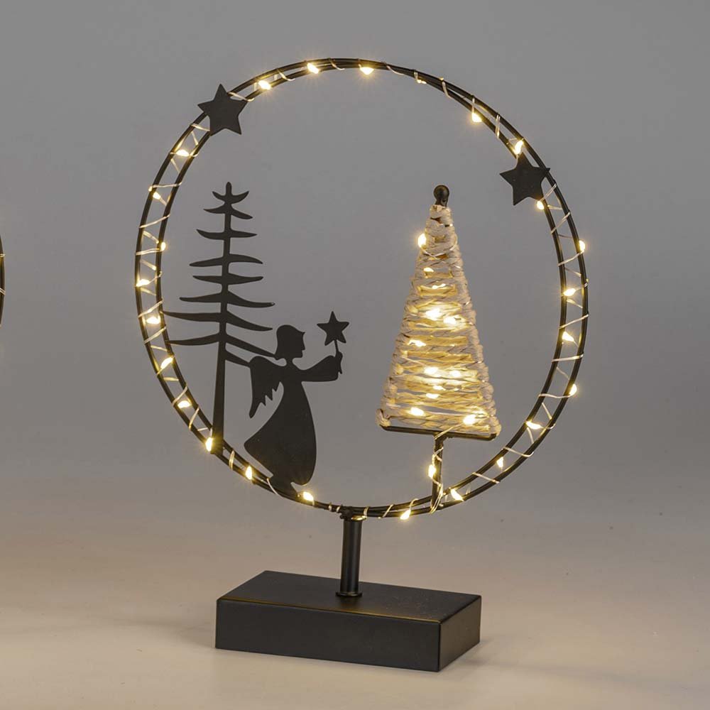 Ring auf Fuss 30 cm mit Baum + Engel schwarz mit LED-Licht Metall 633750 formano