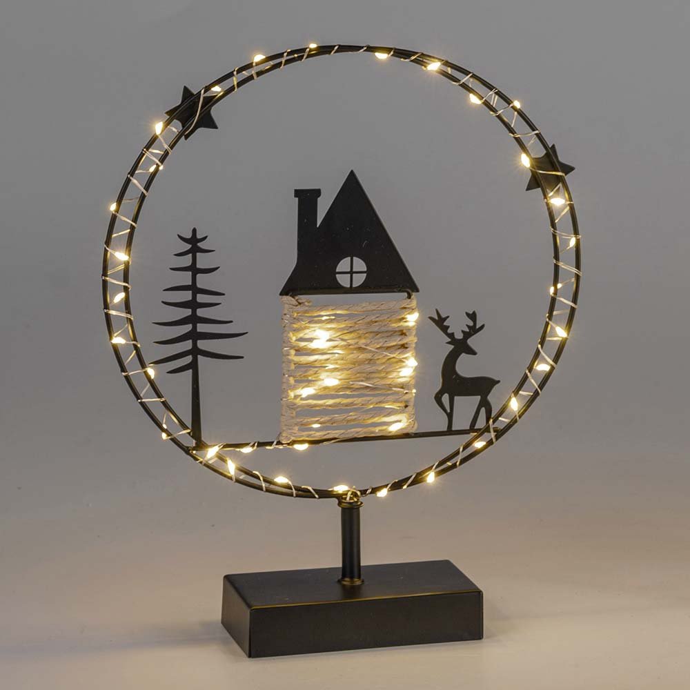 Ring auf Fuss 30 cm mit Haus + Tannenbaum schwarz mit LED-Licht Metall 633750 formano