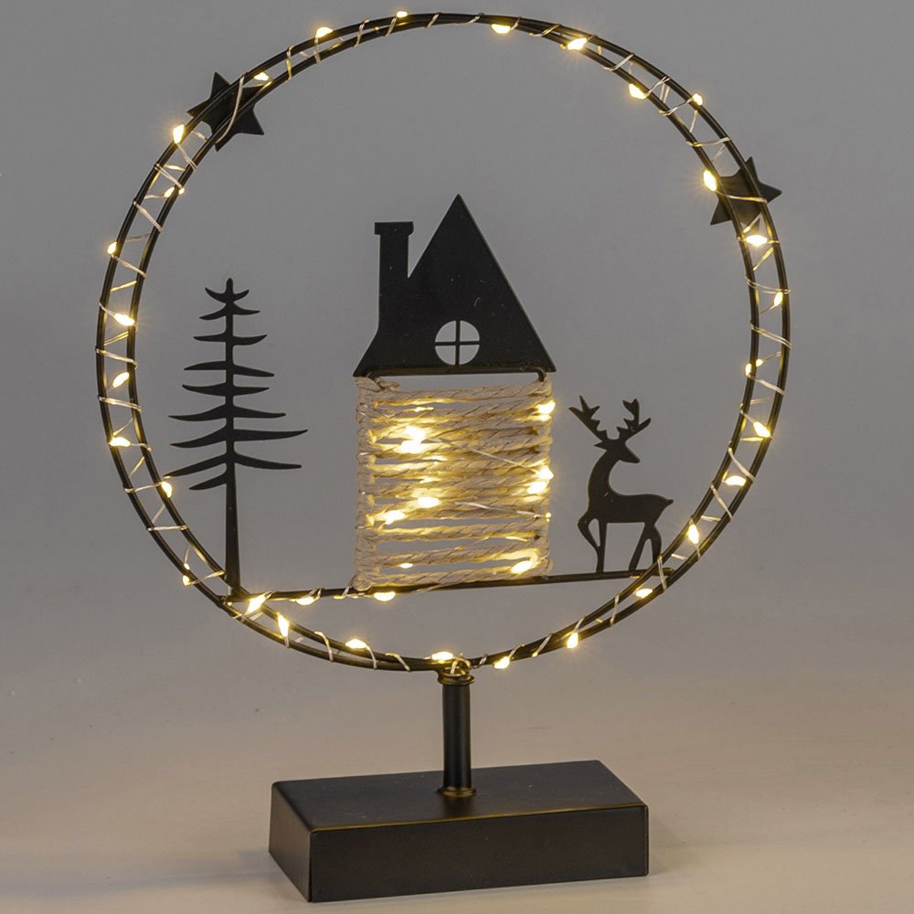 Ring auf Fuss 43 cm mit Haus + Tannenbaum schwarz mit LED-Licht Metall 633767 formano