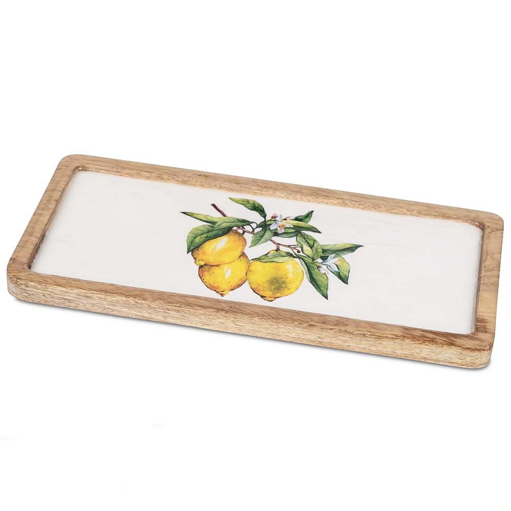 Tablett 30 cm weisser Emaille-Farbe Zitronen-Dekor Mango-Holz 618788 formano