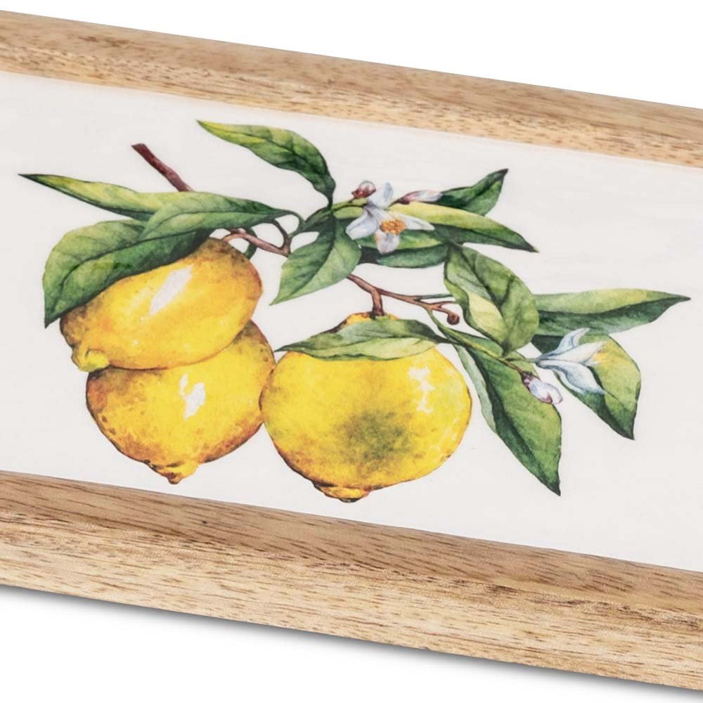 Detailansicht Tablett 30 cm weisser Emaille-Farbe Zitronen-Dekor Mango-Holz 618788 formano