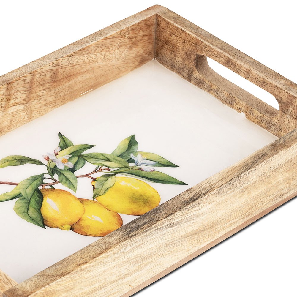 Tablett aus Mango-Holz mit Zitronenmotiv und weißer Emaille 618825 formano