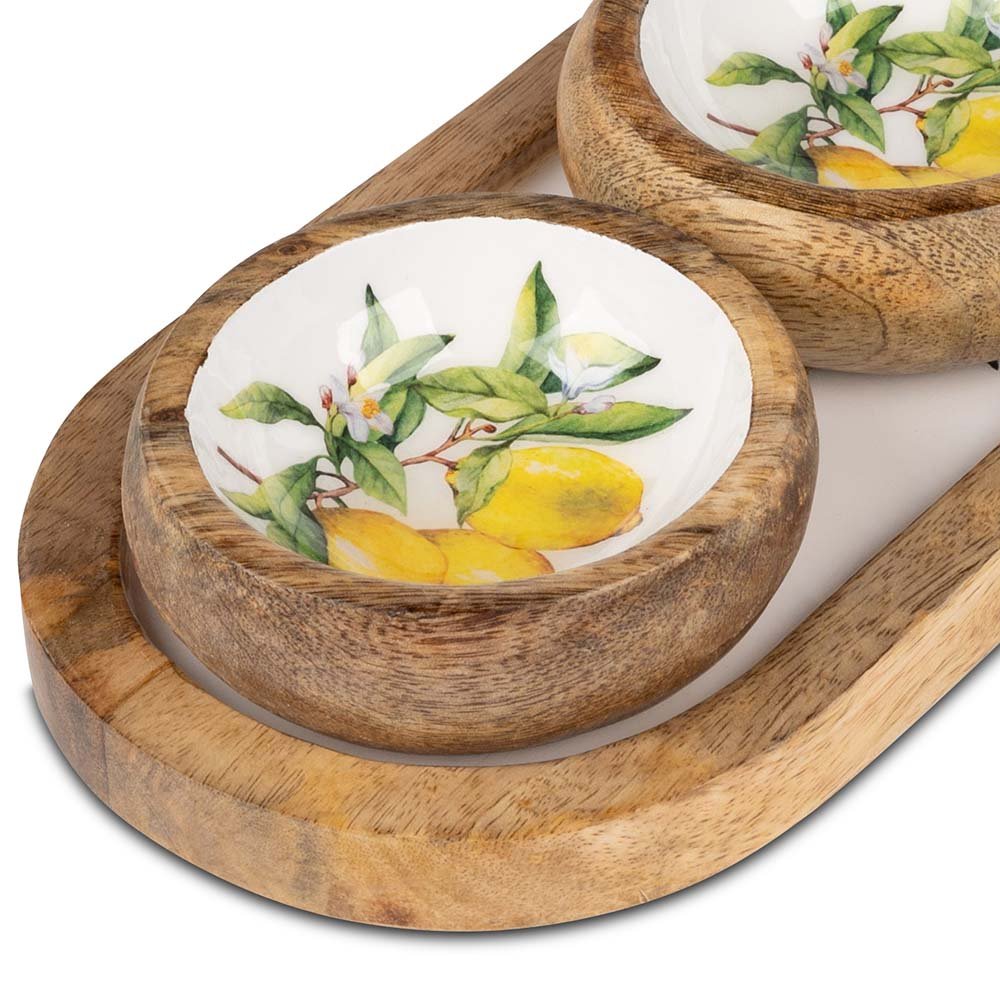 Detailansicht Tablett oval 33,5 cm + 3 Schalen rund 10 cm Zitronen-Dekor Mango-Holz 618856 formano
