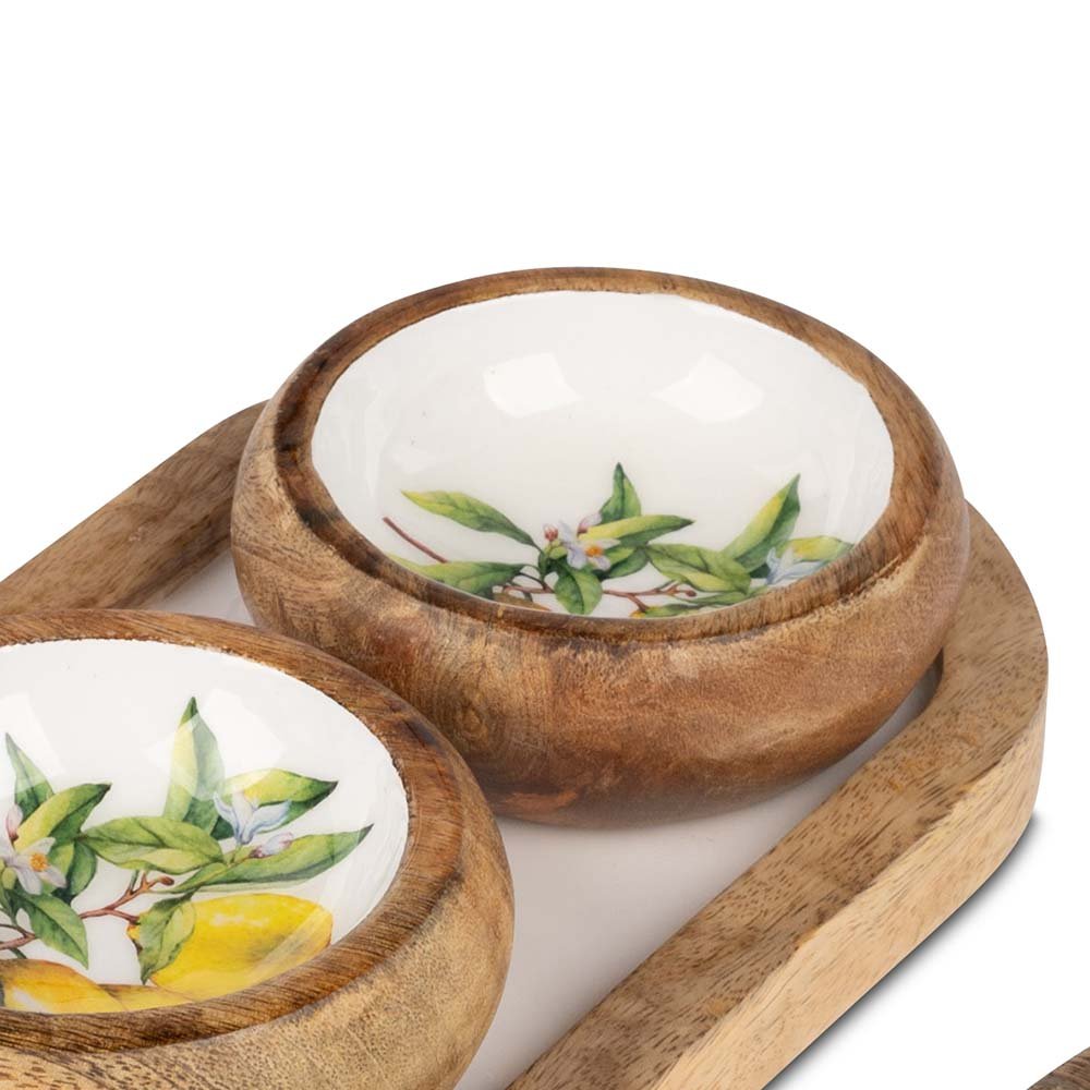 3 Schalen rund 10 cm weisse Emaille-Farbe mit Zitronen-Dekor Mango-Holz 618856 formano