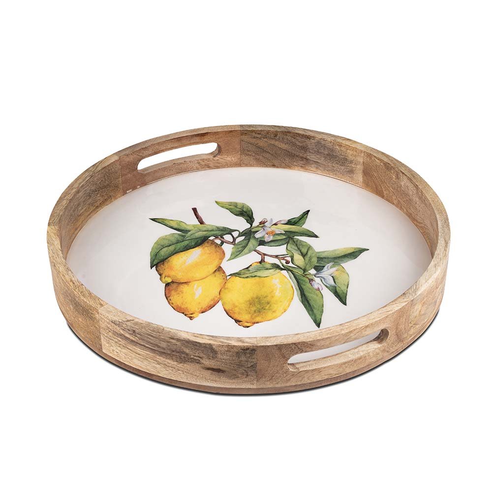 Tablett rund 35 cm weisser Emaille-Farbe Zitronen-Dekor Mango-Holz 618832 formano