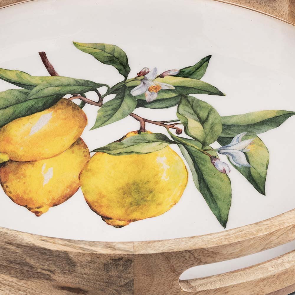 Detailansicht Tablett rund 35 cm weisser Emaille-Farbe Zitronen-Dekor Mango-Holz 618832 formano