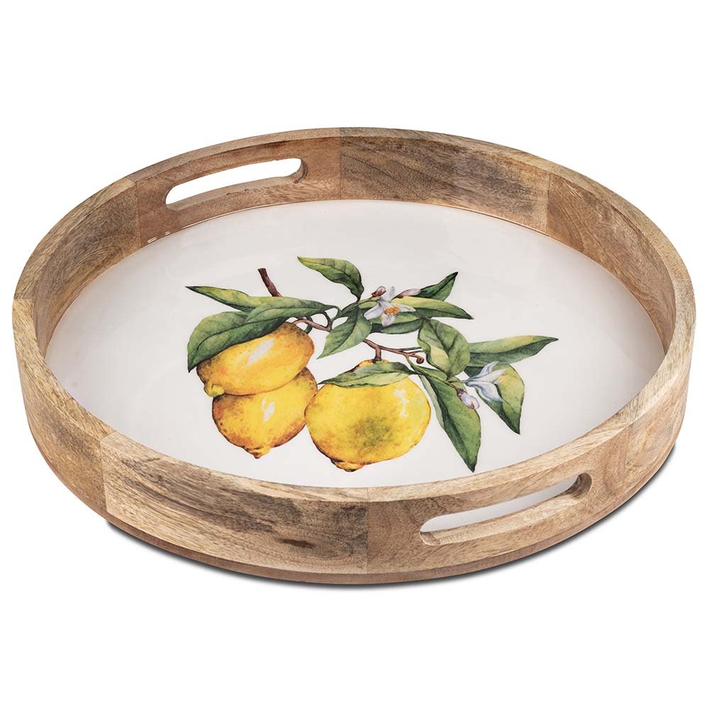 Tablett rund 40 cm weisser Emaille-Farbe Zitronen-Dekor Mango-Holz 618849 formano