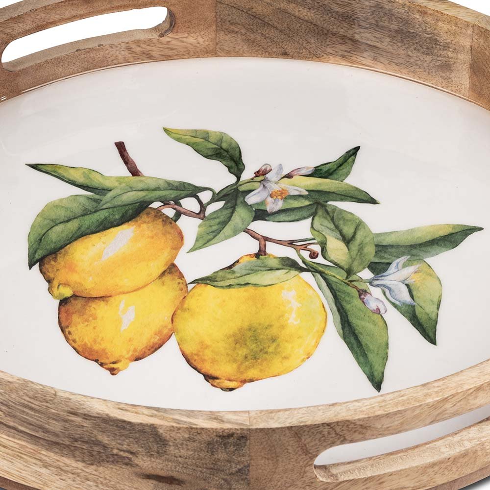 Detailansicht Tablett rund 40 cm weisser Emaille-Farbe Zitronen-Dekor Mango-Holz 618849 formano