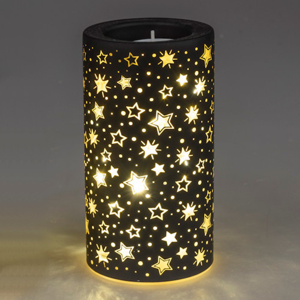 Teelichthalter Festival 15 cm schwarz-gold mit LED-Licht Glas 888495 formano