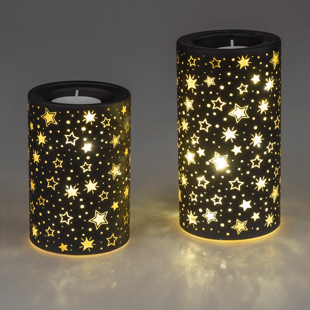 Teelichthalter Festival schwarz-gold mit LED-Licht Glas formano
